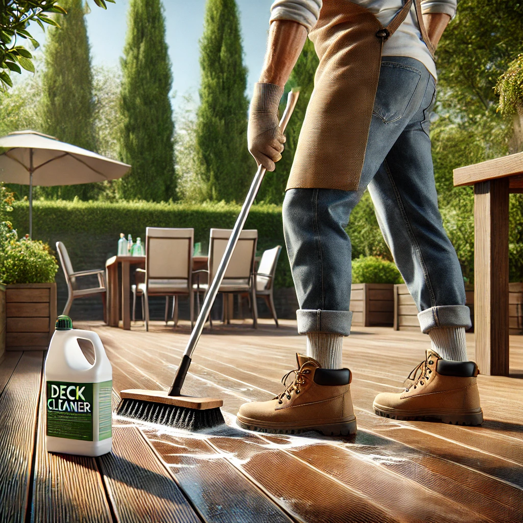 Portrayal of homeowner using deck cleaners.