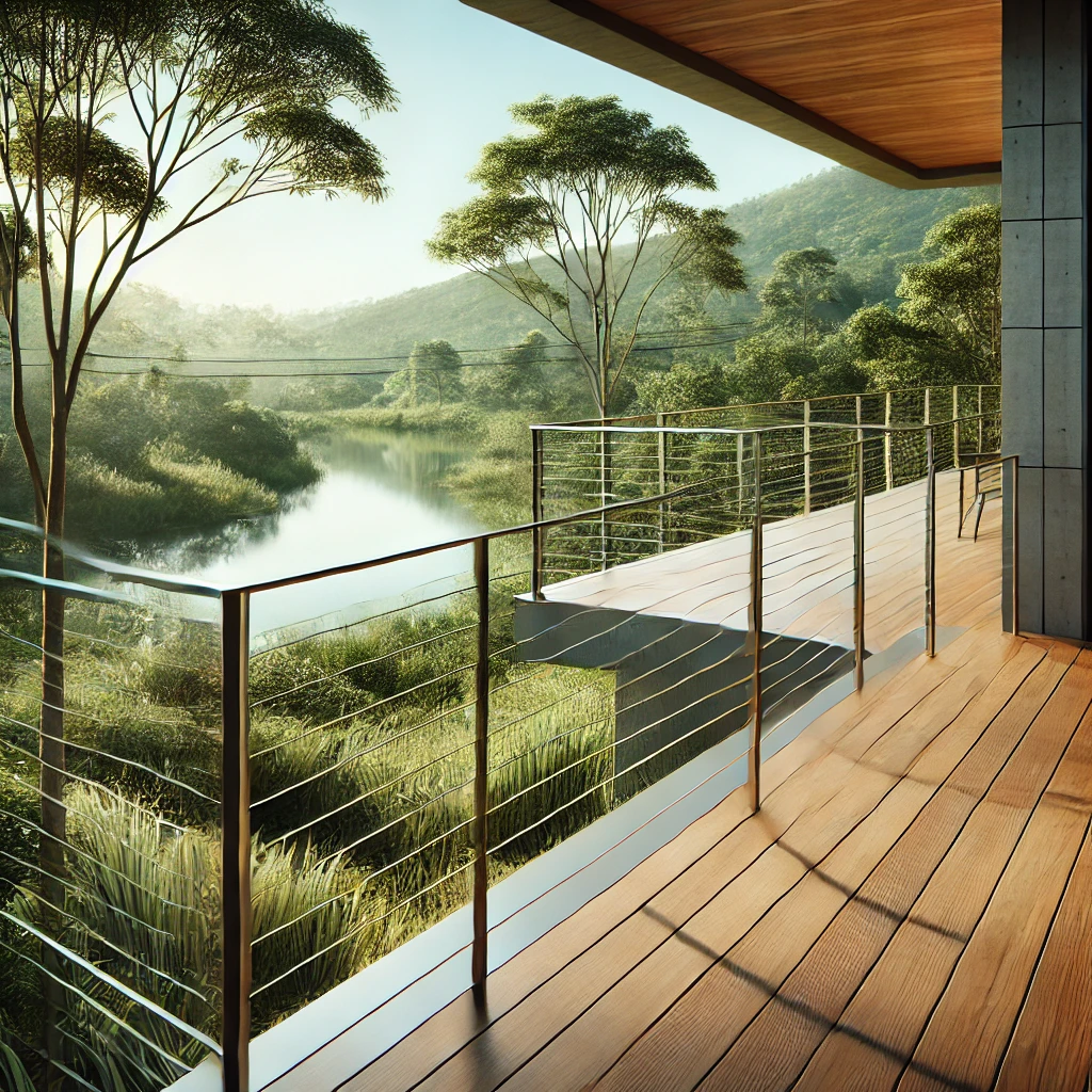 A photo-real image of cable railing for decks.