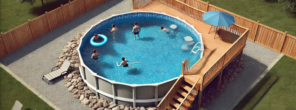 People swim in an above-ground pool with deck